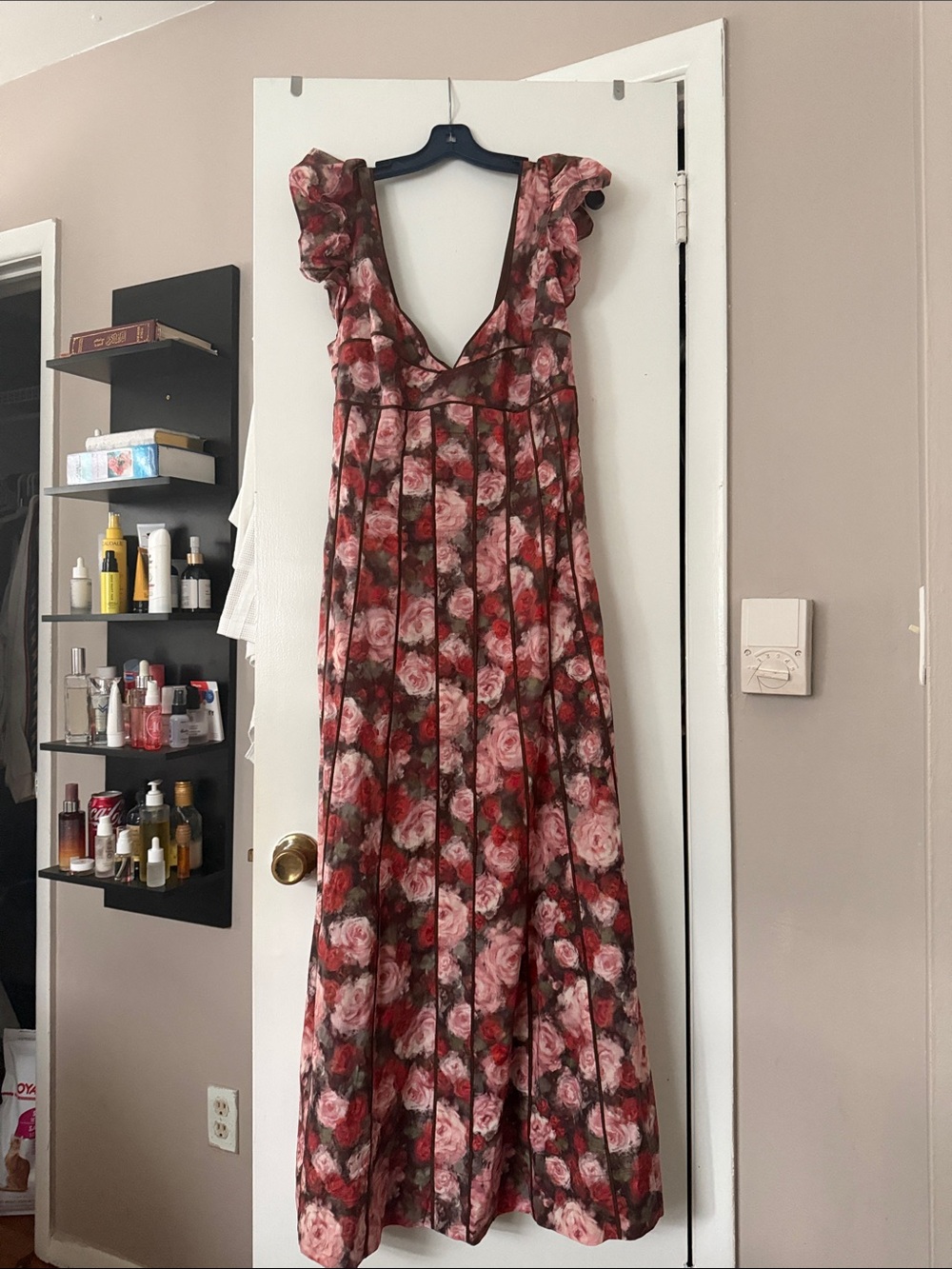 Romantic Pink Rose Floral Maxi Dress with Ruffle Sleeves